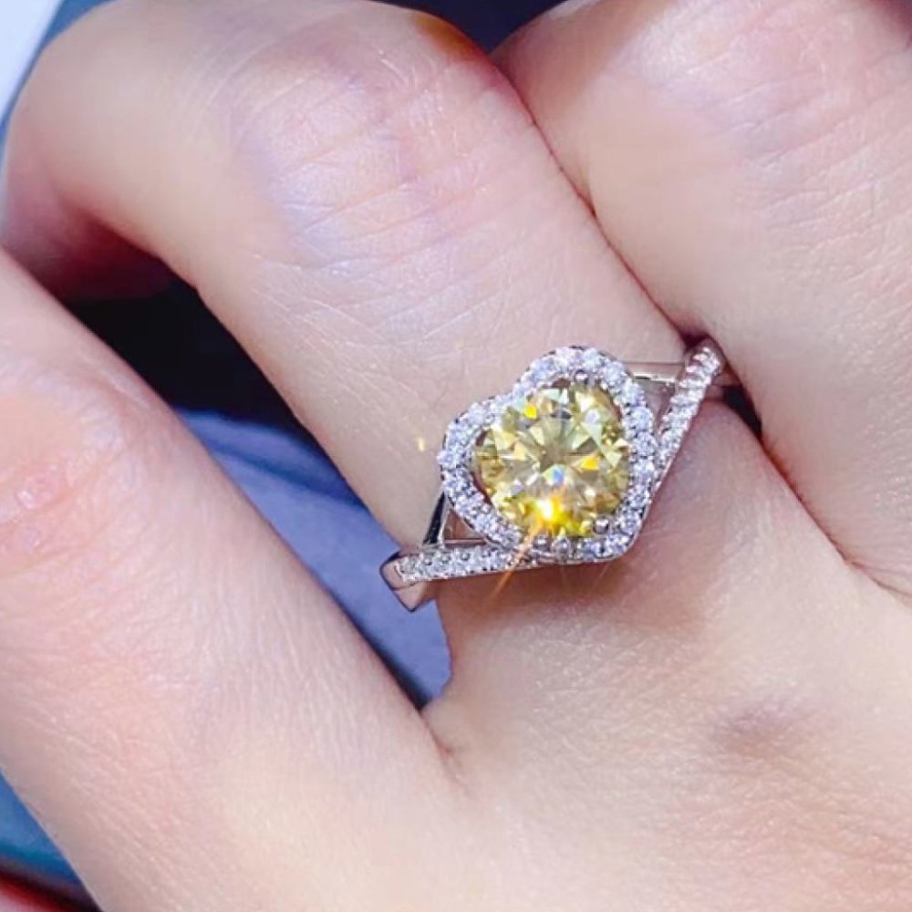 Certified 1 Carat Heart shaped Yellow Moissanite Ring Platnum Plated  Silver